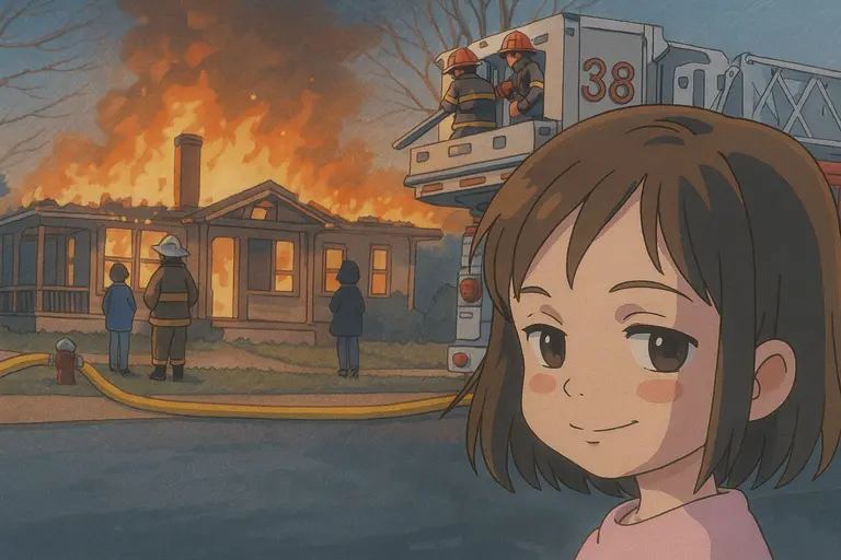 Fire disaster girl meme in Ghibli style