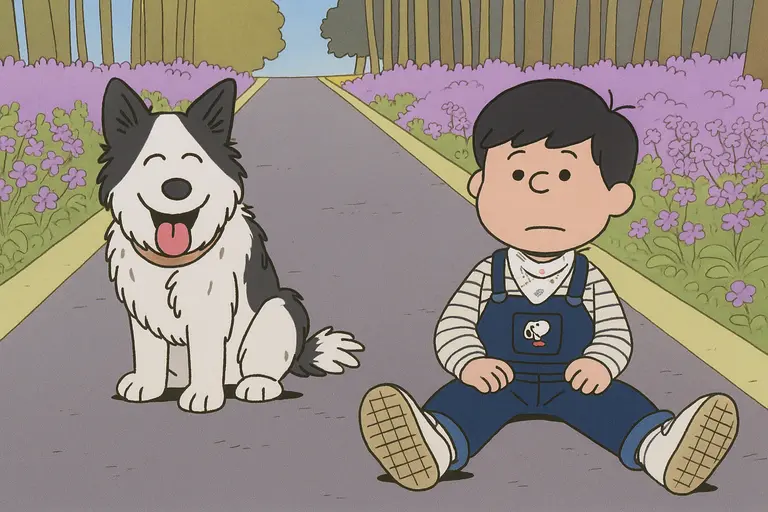 Child and pet dog in Snoopy style